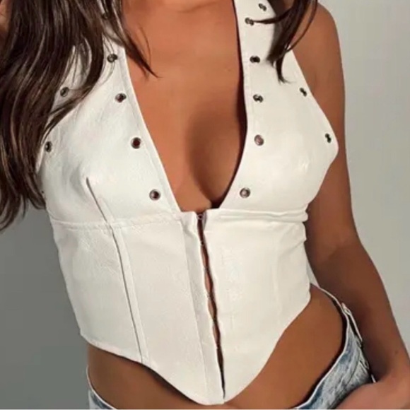Princess Polly Tops - Princess Polly White Studded Plunge Corset Crop Top
